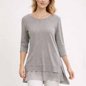 Eileen Fisher Size M Linen Viscose Boat Neck Top Shirt Layered Silk Hem Gray